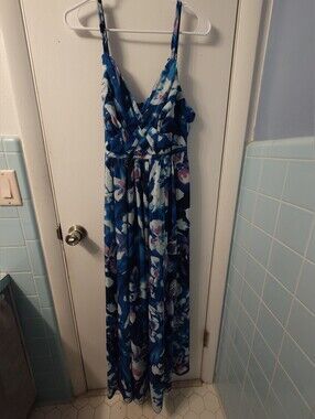 Beautiful,Bold Blue Floral Maxi Dress - Spaghetti Strap Wrap Bodice